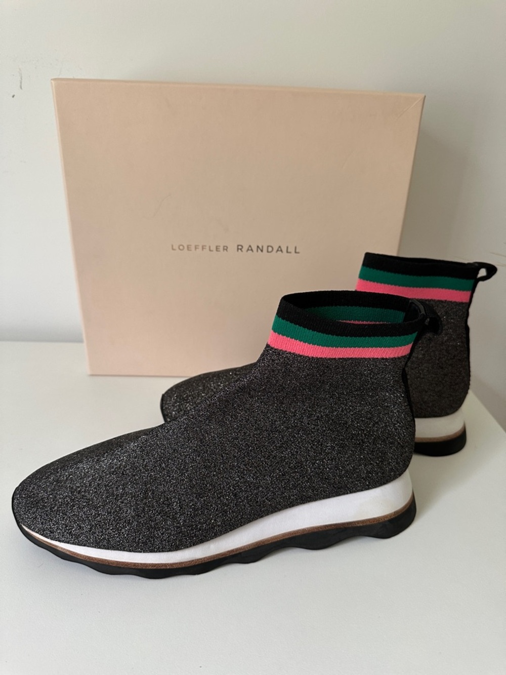 Loeffler Randall Black Sparkle Sock Sneakers with Pink & Green Stripe Trim